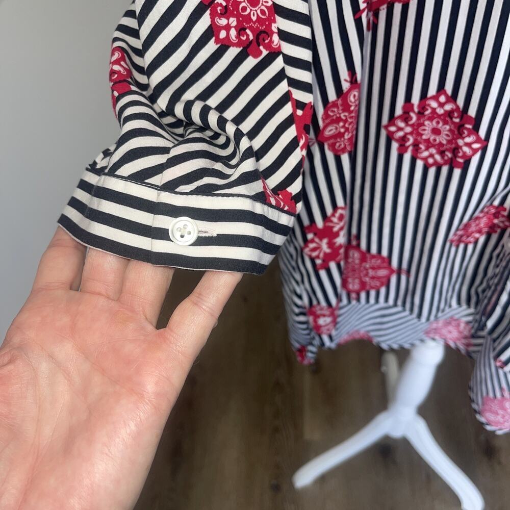 Chicos Sz 3 XL Black White Stripe Button Up Shirt Tunic Blouse Classic Rose Red - Picture 2 of 11